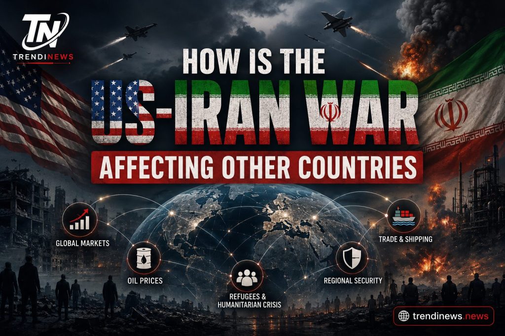 Infographic showing how the US-Iran war affects other countries through global markets, oil prices, refugees, regional security, and trade and shipping