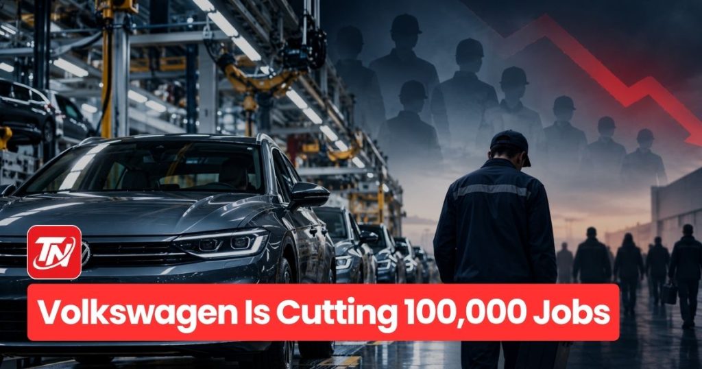 Volkswagen factory worker cleaning VW logo, symbolizing 100,000 job cuts announced in 2026